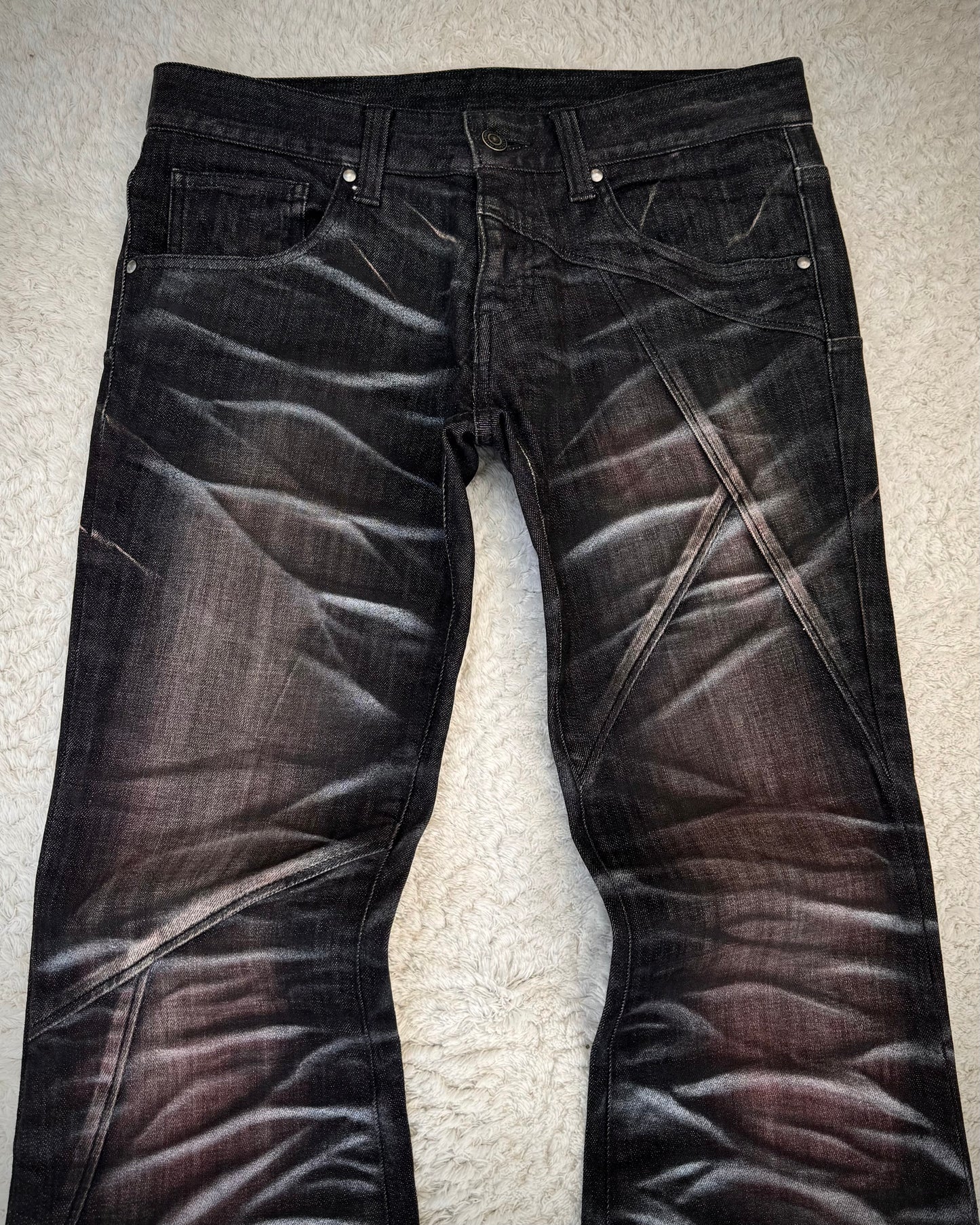 Tornado Mart Bordeaux Silver Whisker Washed Flared Jeans