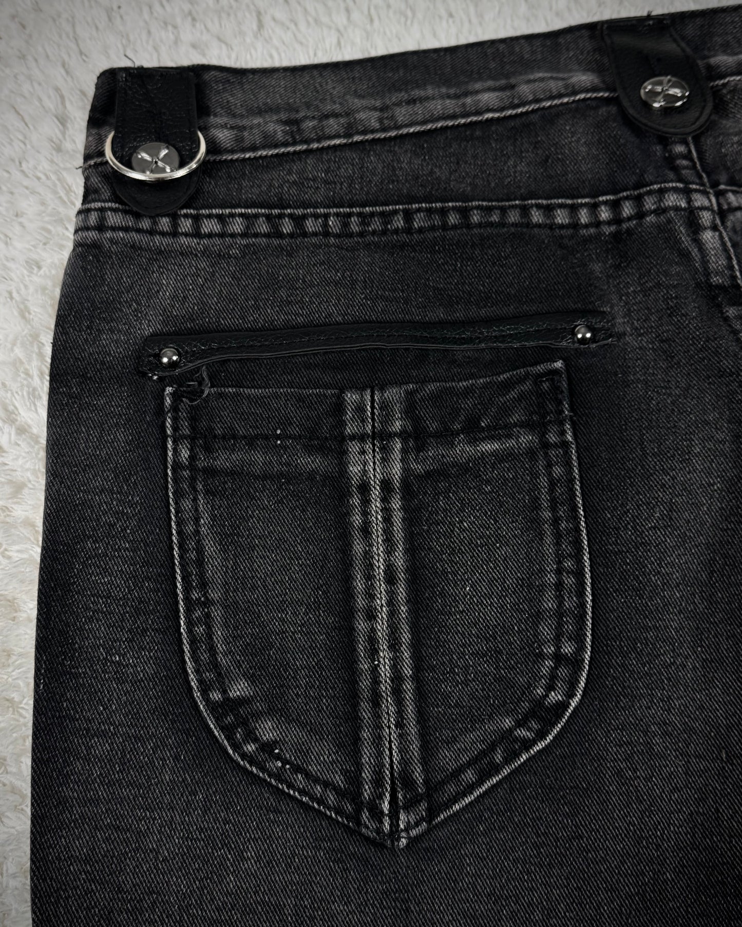Cross Print Leather Hardware Detailed Wide Leg Bootcut Denim