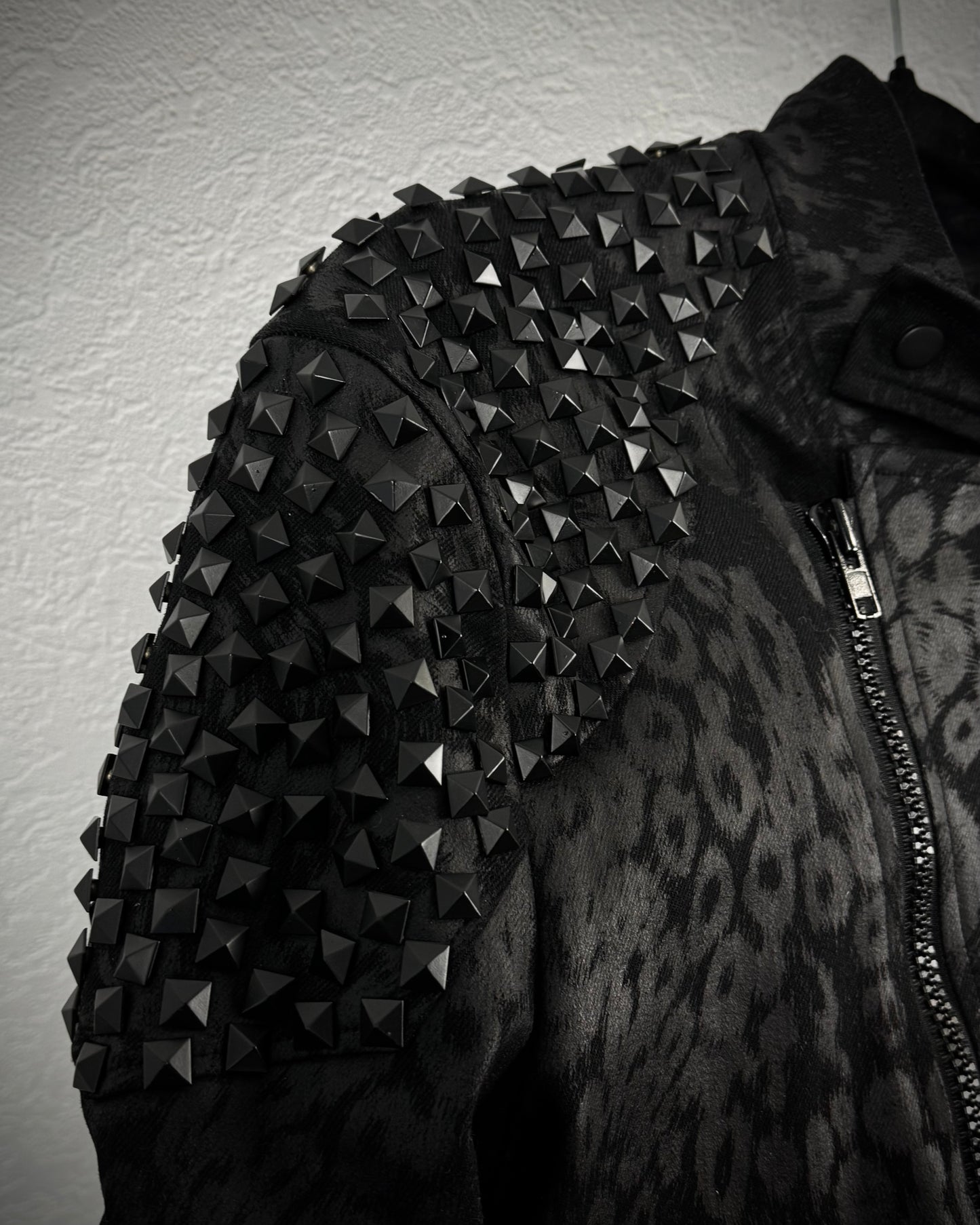 By The R Leopard Waxed Studded Lace Up Biker Jacket