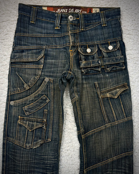 Jeans De Art Multi Pocket Mud Washed Jeans