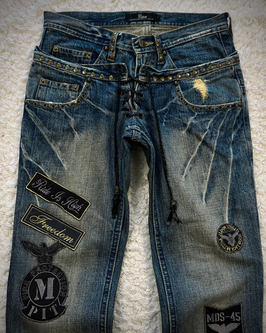 Midas Double Waisted Lace Up Studded Clawmarks Flared Jeans