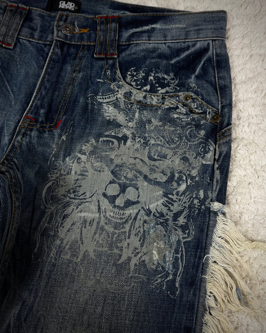 Glad News Fringed Skull Tattoo Print Bootcut Jeans