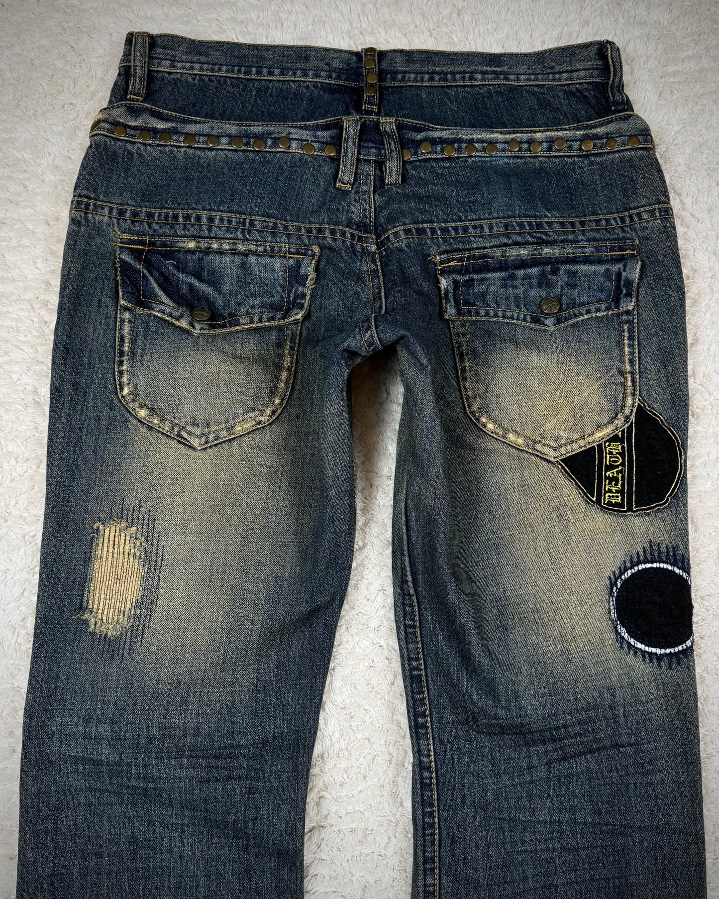 Midas Double Waisted Lace Up Mud Washed Patched Flared Jeans