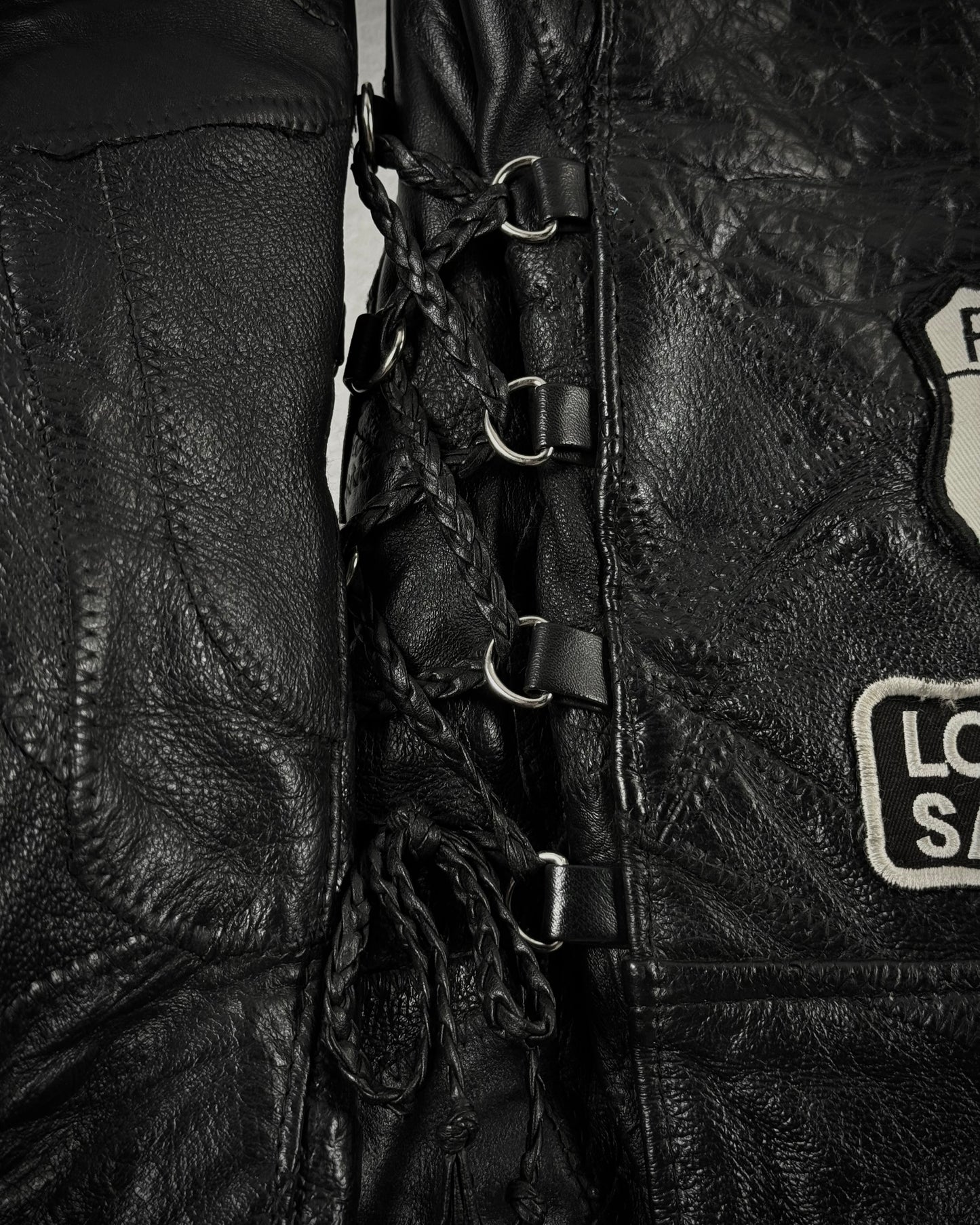 Diamond Plate Lace Up Buffalo Leather Patchwork Biker Jacket