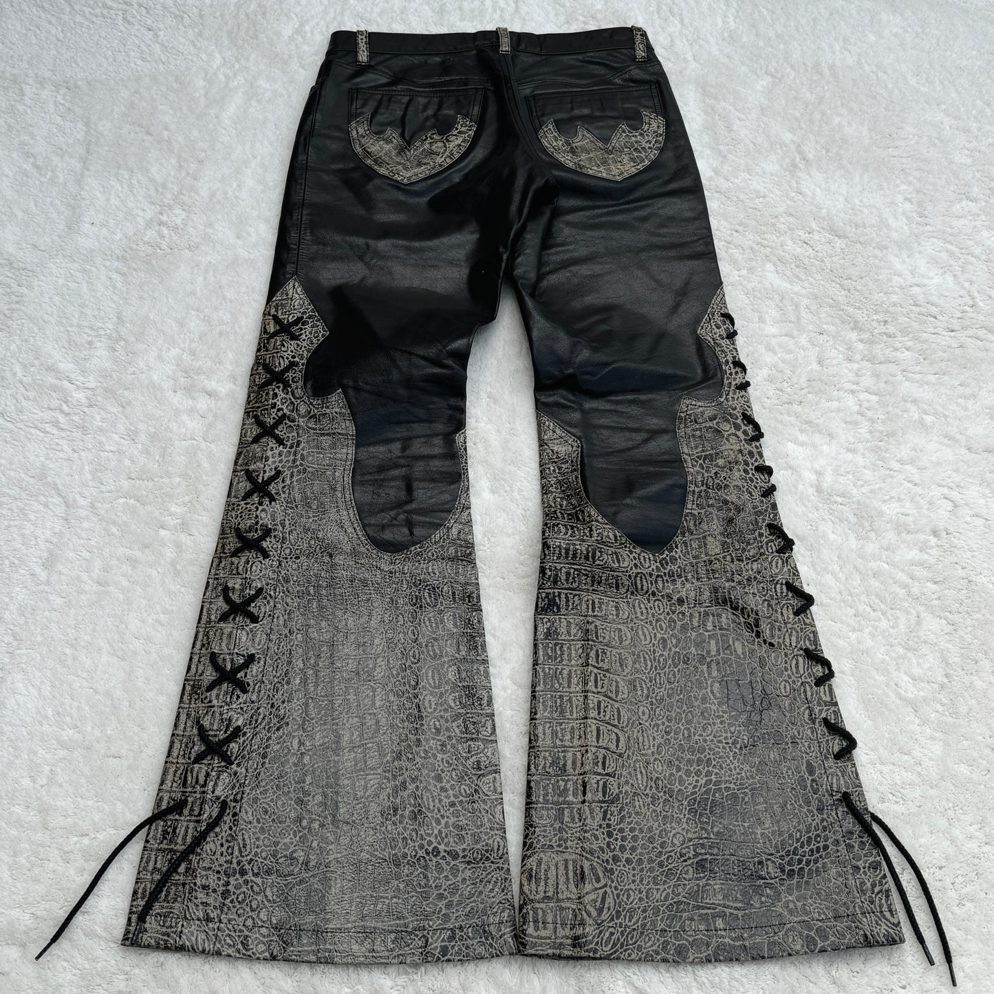 Tornado Mart Crocodile Leather Flared Lace-Up Pants