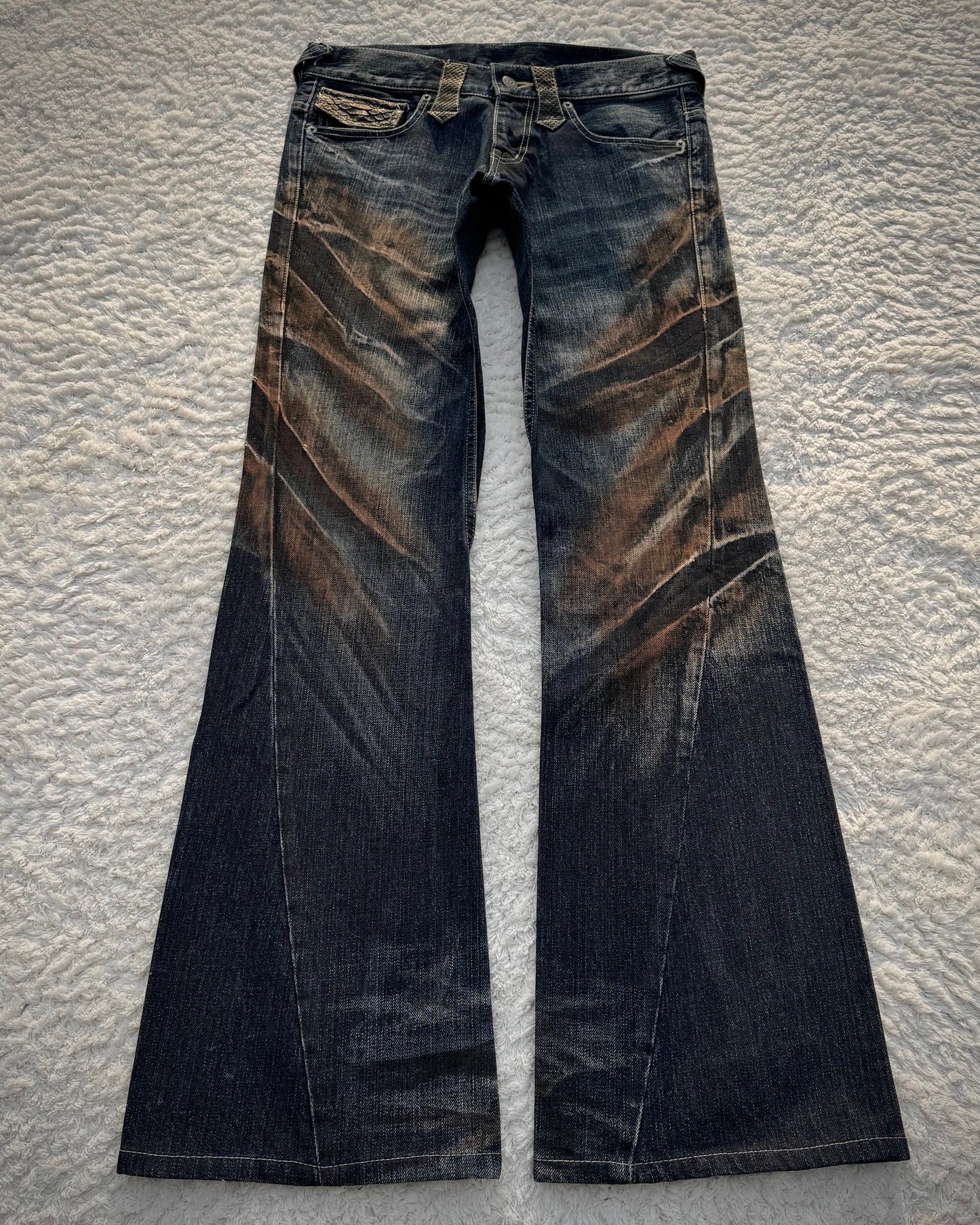 Tornado Mart Python Detailed Mud Claw Marks Washed Flared Jeans