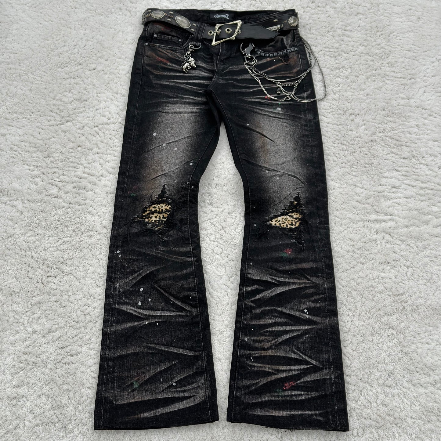 CavariA Cheetah Repair Distressed Bootcut Jeans