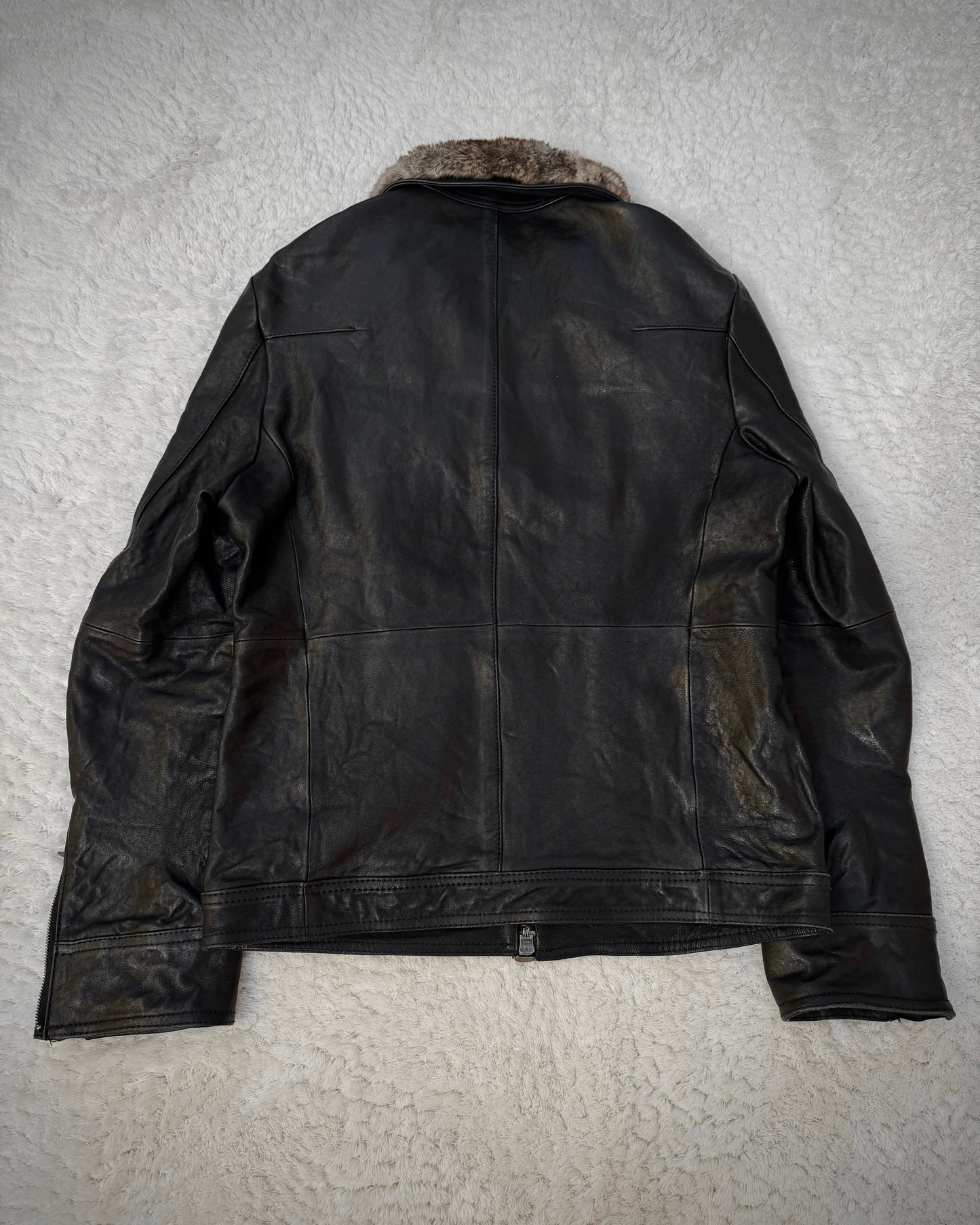 Comme Ça Men Rabbit Fur Collar Sheepskin Leather Jacket