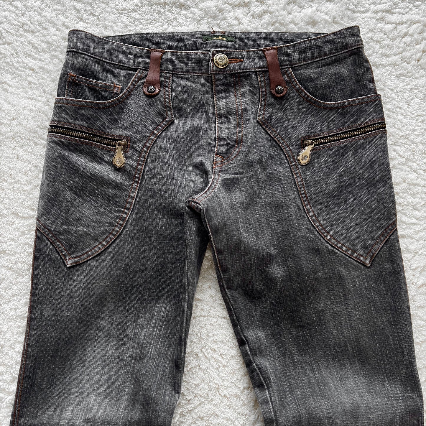 Obelisk Leather Pocket Flared Jeans
