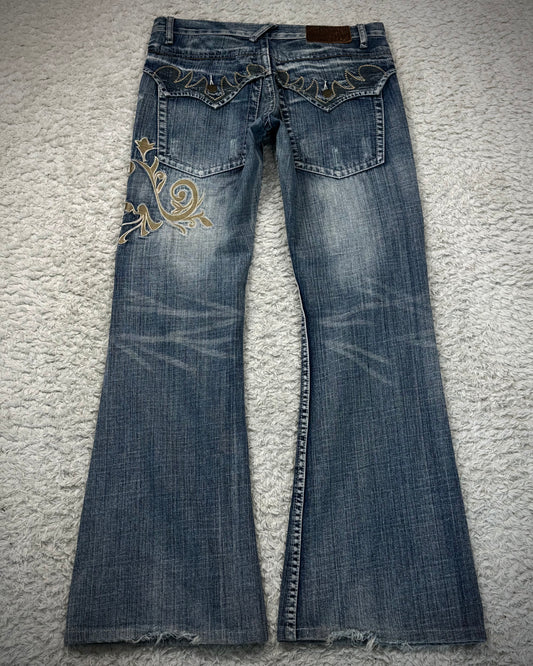 Tornado Mart Tribal Embroidery Spiral Flared Jeans