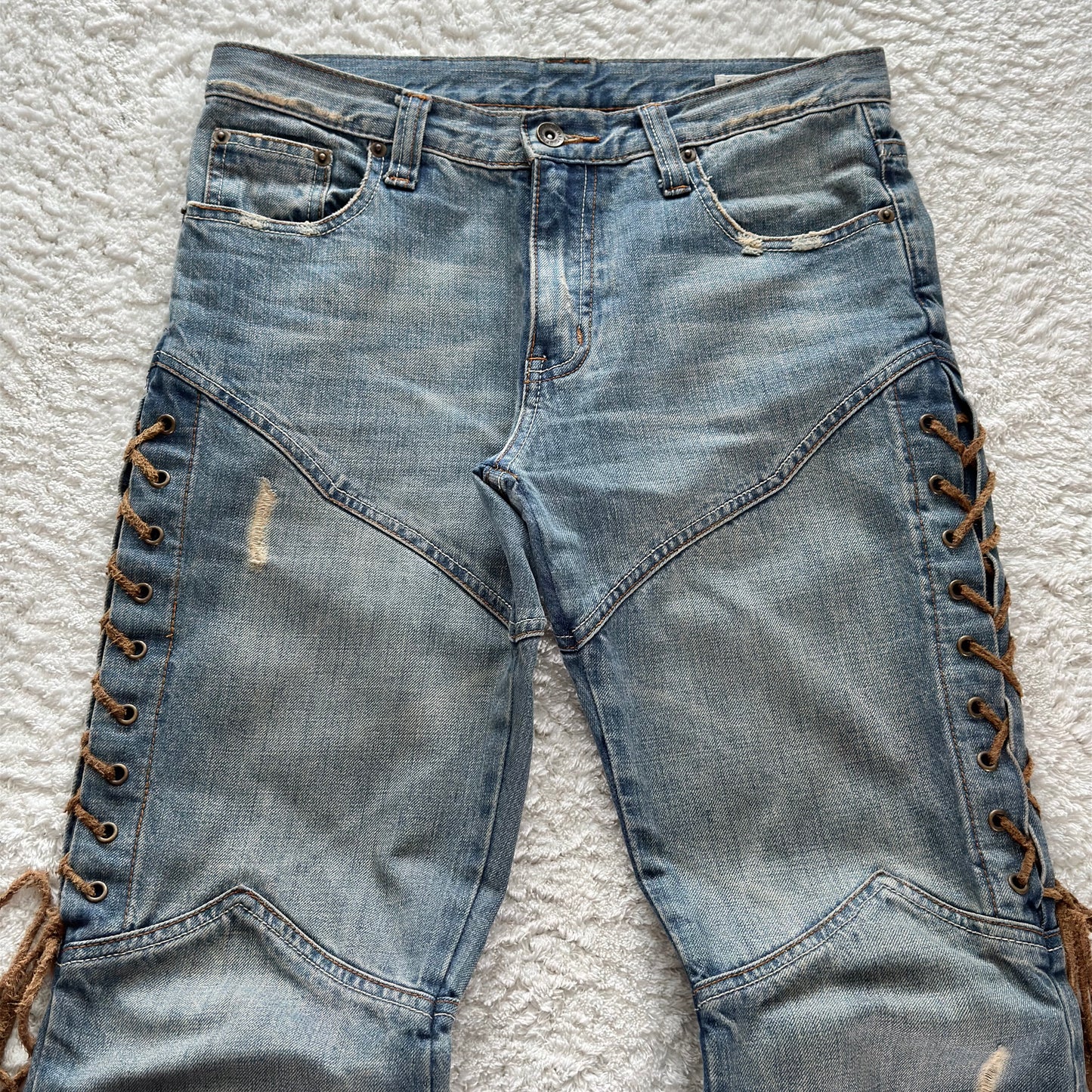 Semantic Design Thigh Leather Lace-Up Flared Jeans