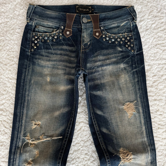 Vanquish Mud Wash Studded Lace Up Flared Jeans