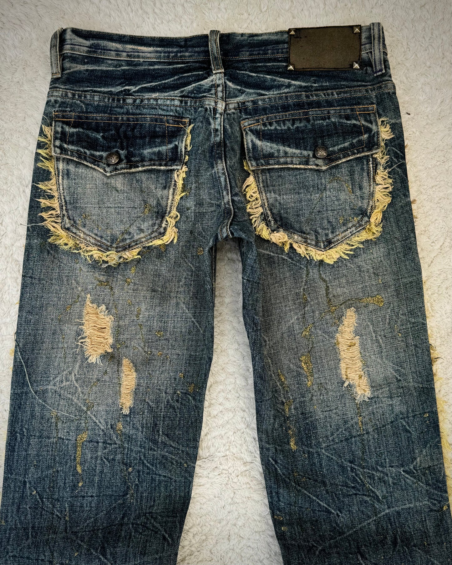 Midas Fringed Gold Splatter Distressed Bootcut Jeans