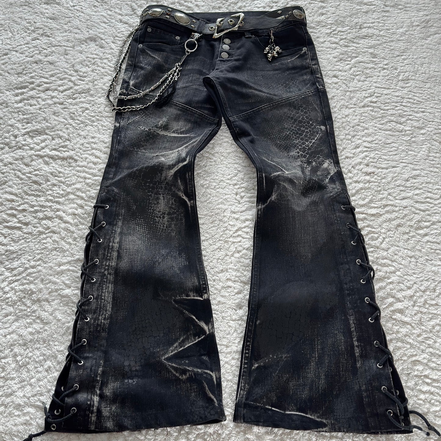 Tornado Mart Snakeskin Imprint Flared Lace-Up Jeans