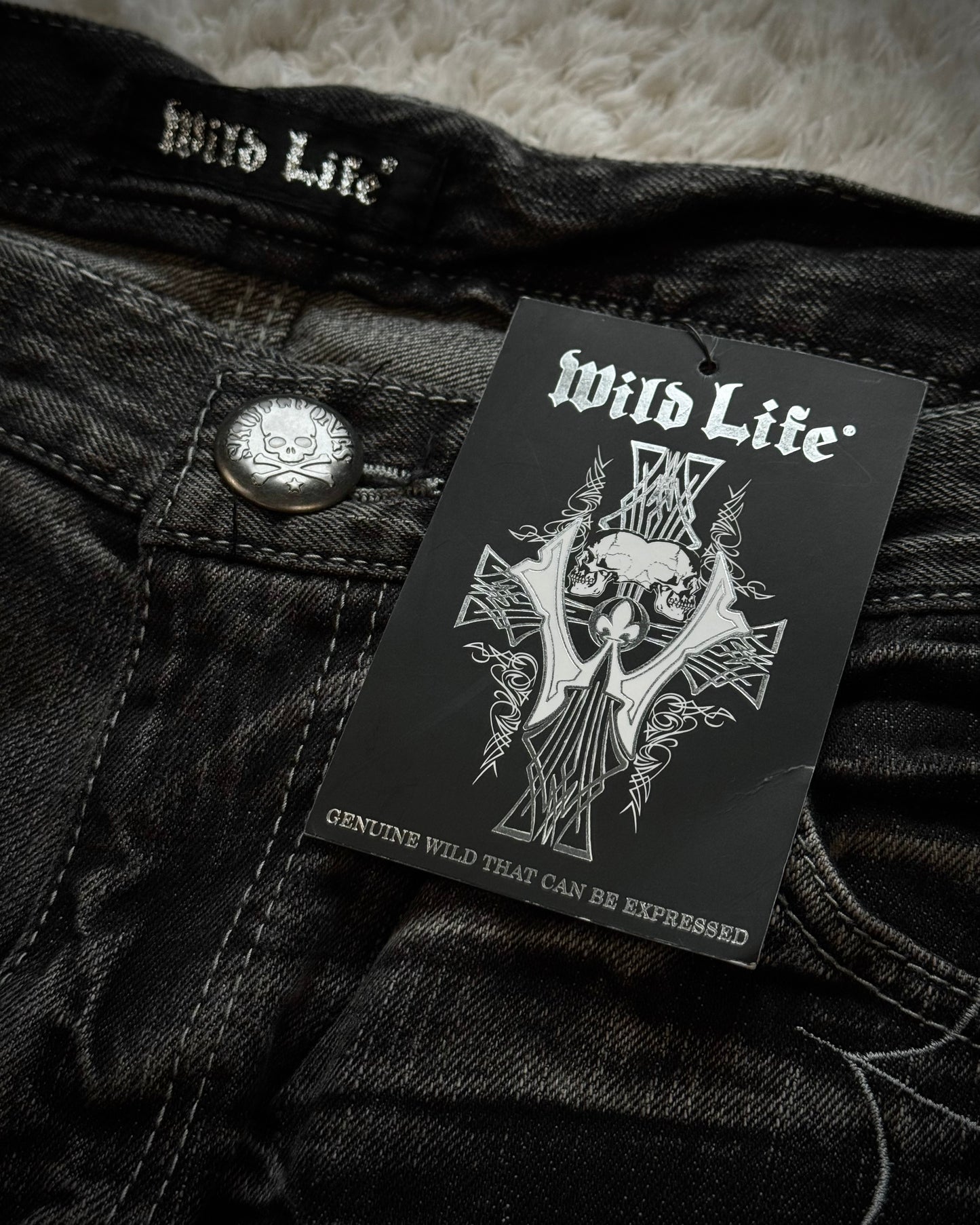 Wild Life Spider Web Leather Flap Denim Shorts