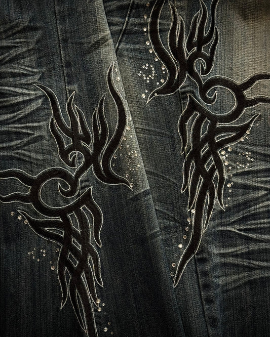 Black Crown Tribal Embroidery Studded Flared Jeans