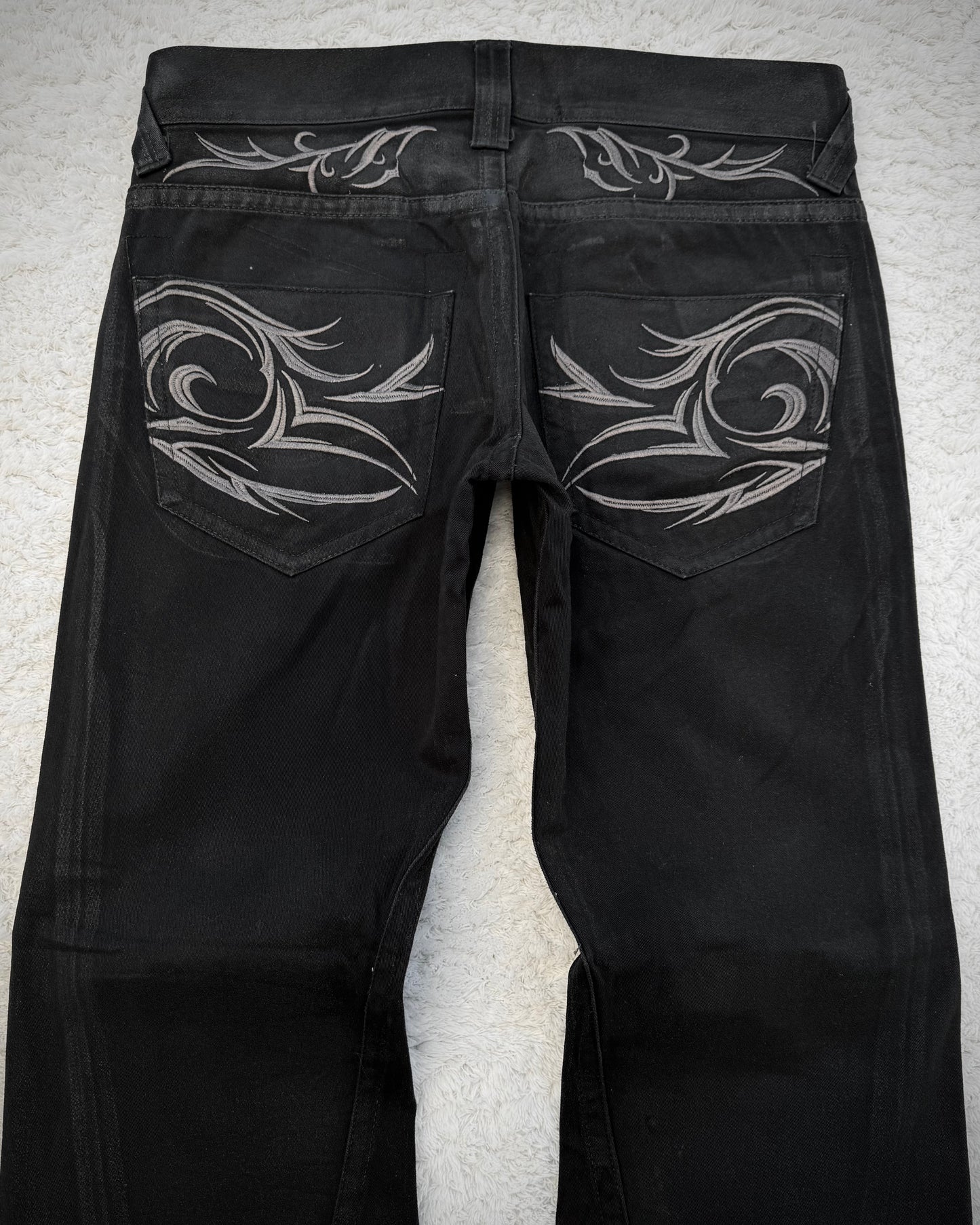 Tornado Mart Xray Waxed Tribal Embroidery Flared Jeans