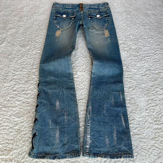Silver Waxed Python Detailed Bootcut Lace Up Jeans