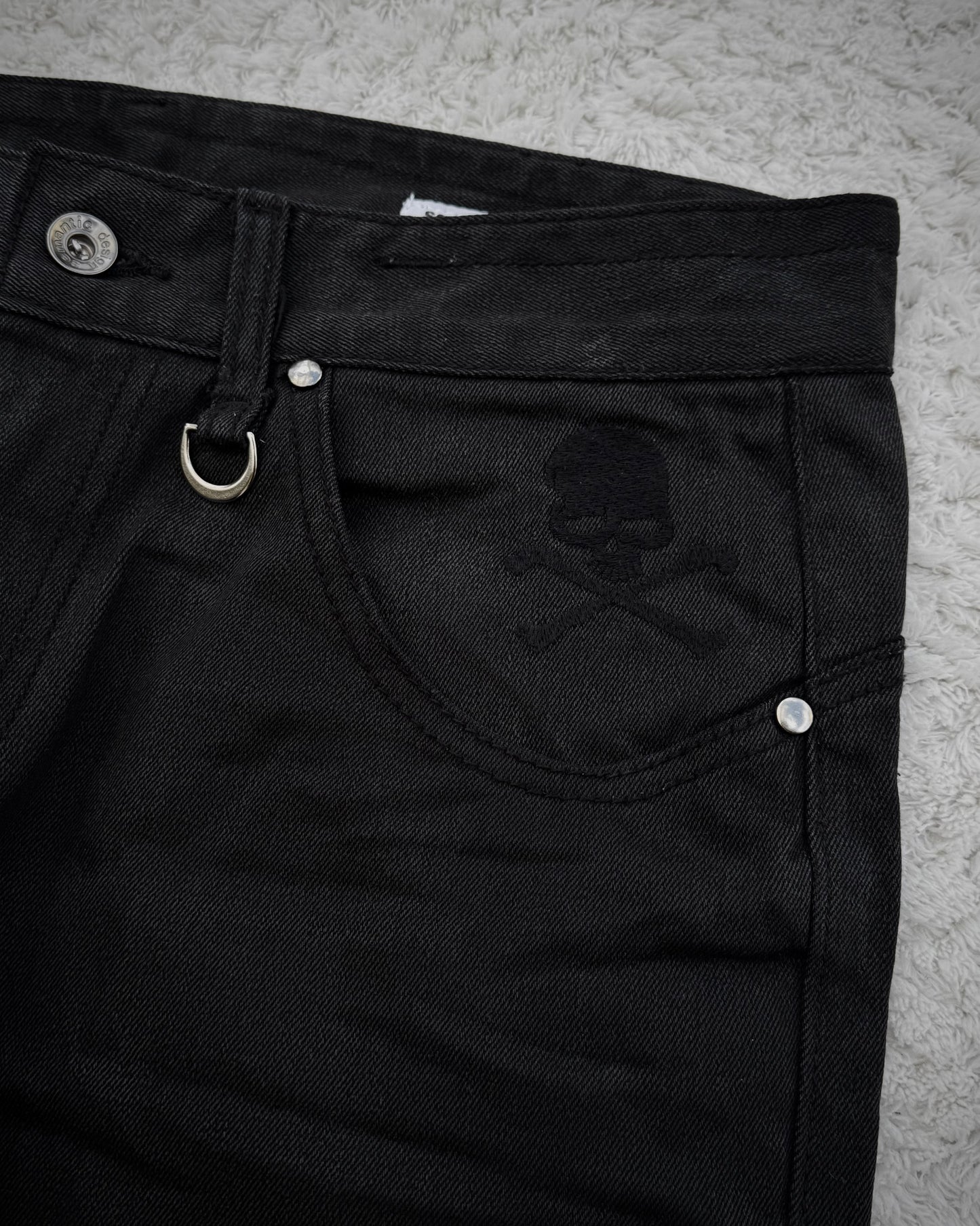 Semantic Design Skull Embroideries Waxed Bootcut Pants