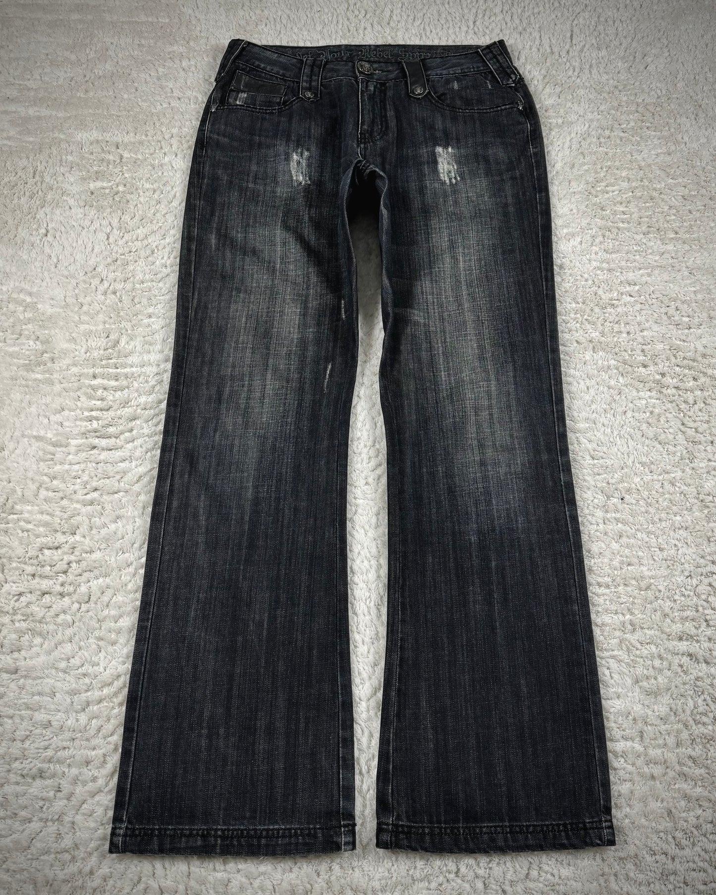 Rebel Spirit Crown Embroidered Flap Pockets Bootcut Denim