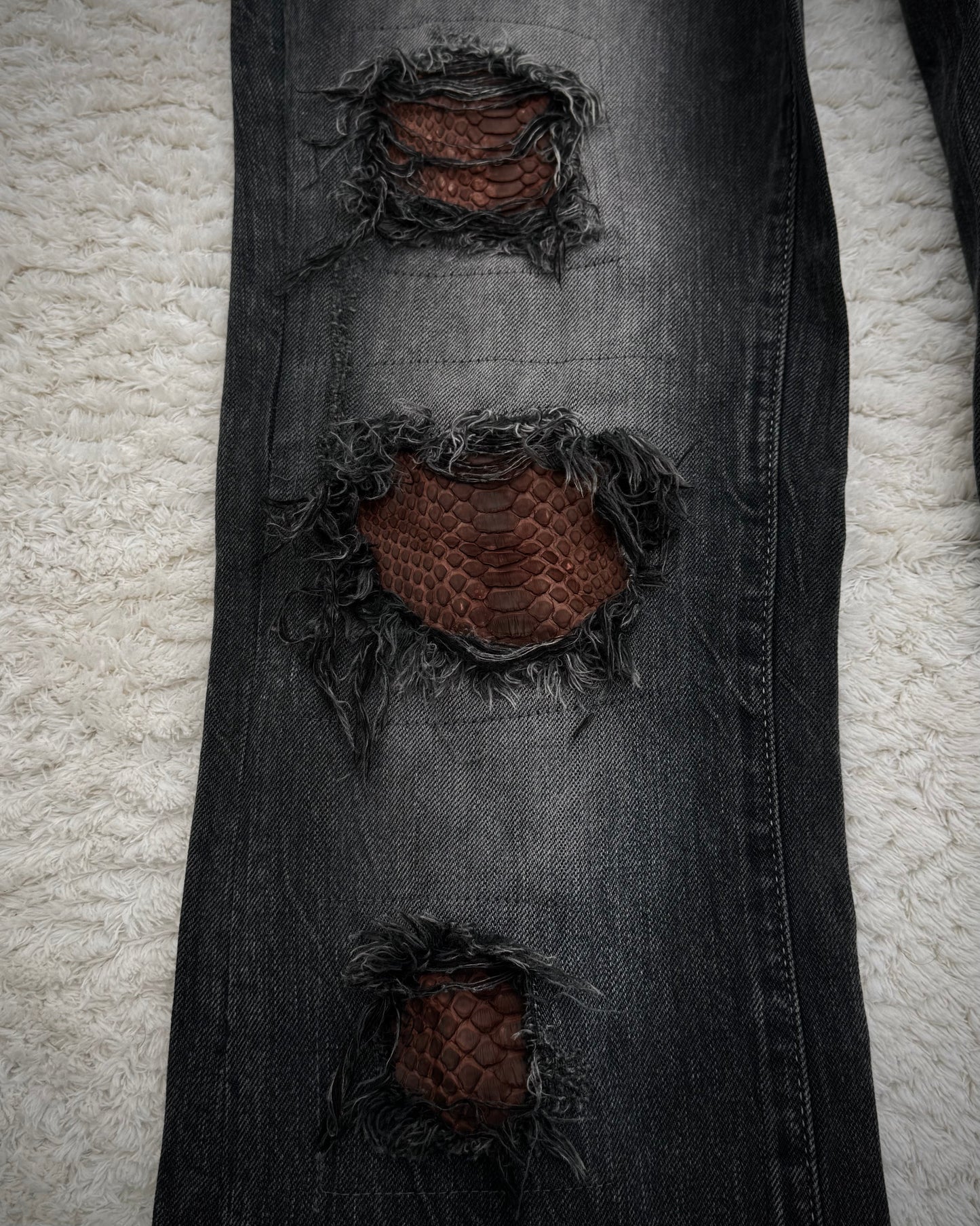 Vanquish Bordeaux Python Repaired Distressing Flared Jeans