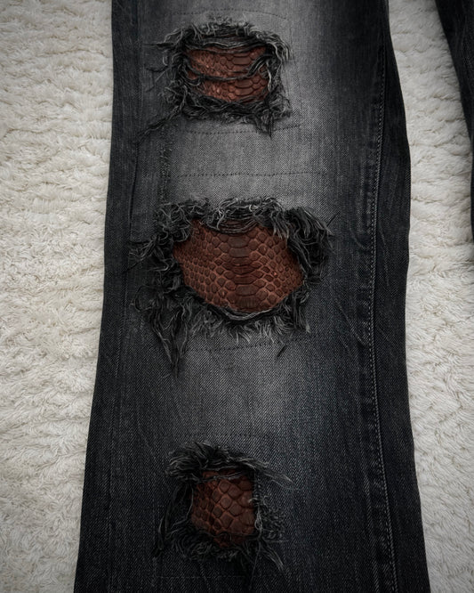 Vanquish Bordeaux Python Repaired Distressing Flared Jeans