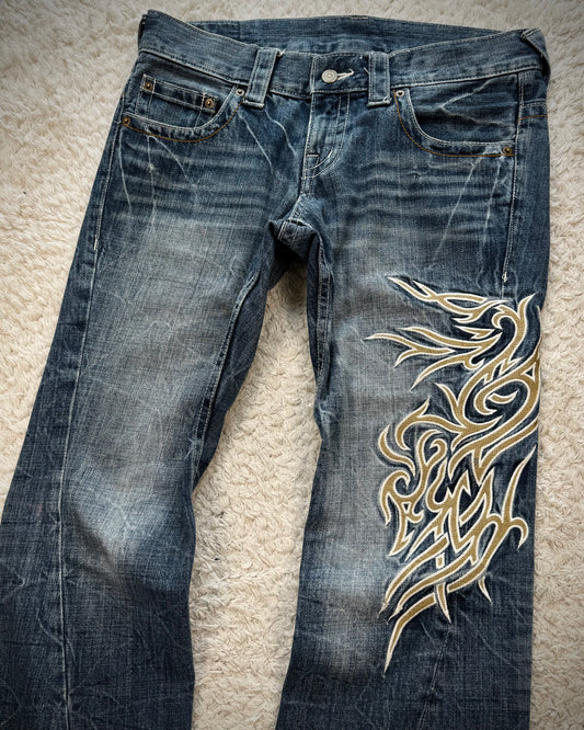 Tornado Mart Tribal Embroidery Spiral Flared Jeans