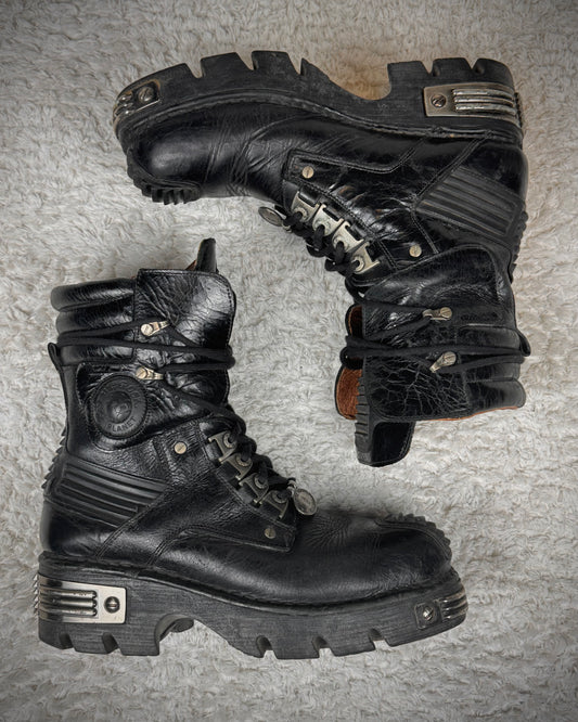 New Rock Metallic Ridged Armor High Top Leather Boots