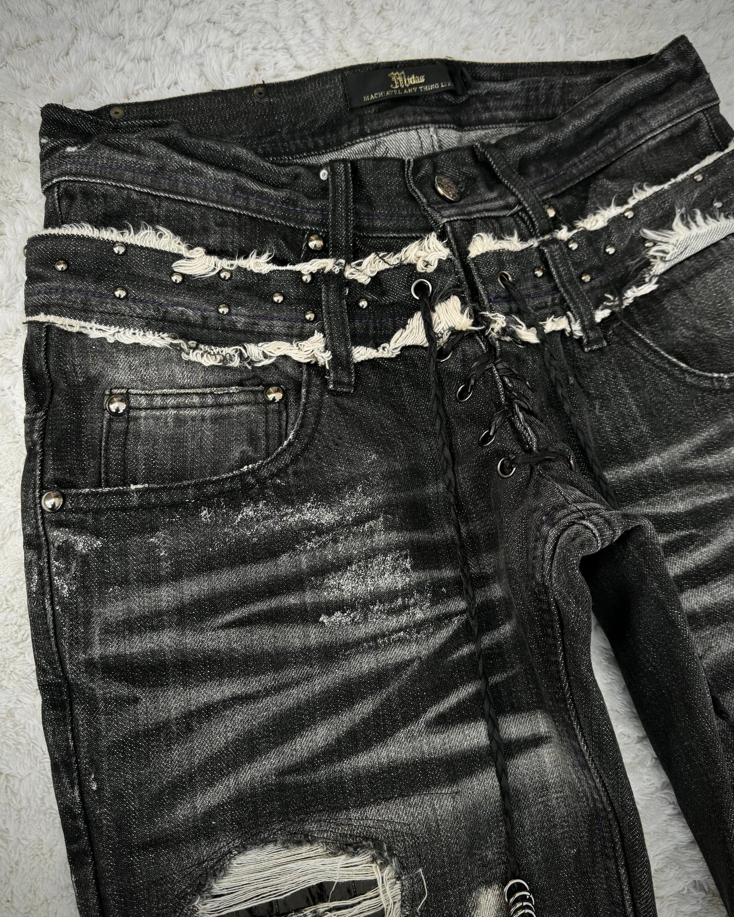 Midas Croc Repaired Silver Waxed Lace Up Bootcut Jeans