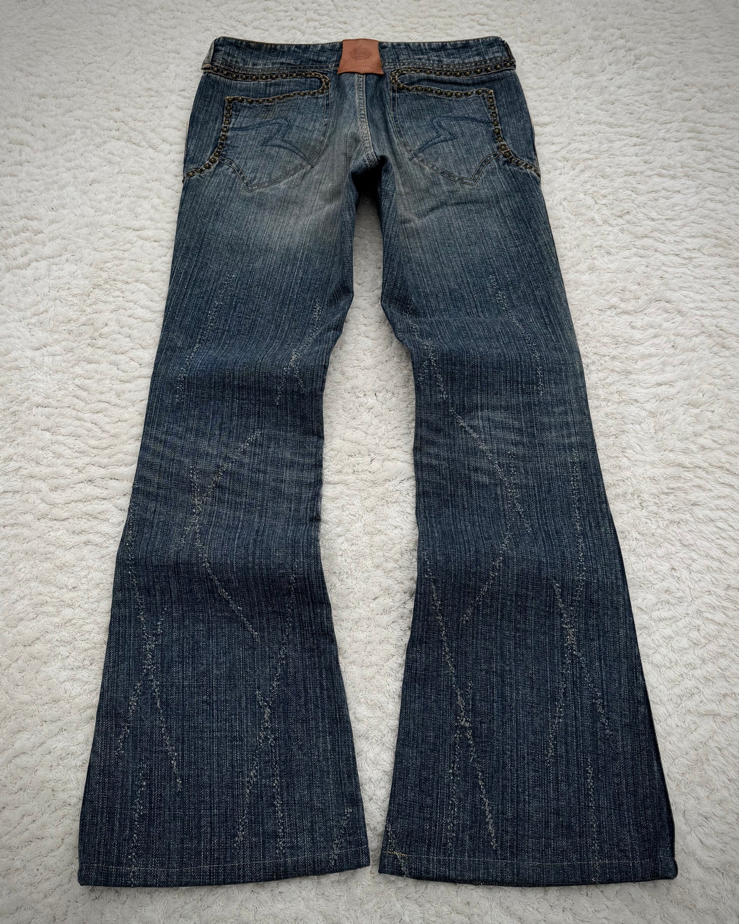 Obelisk Studded Distressed Design Flared Jeans