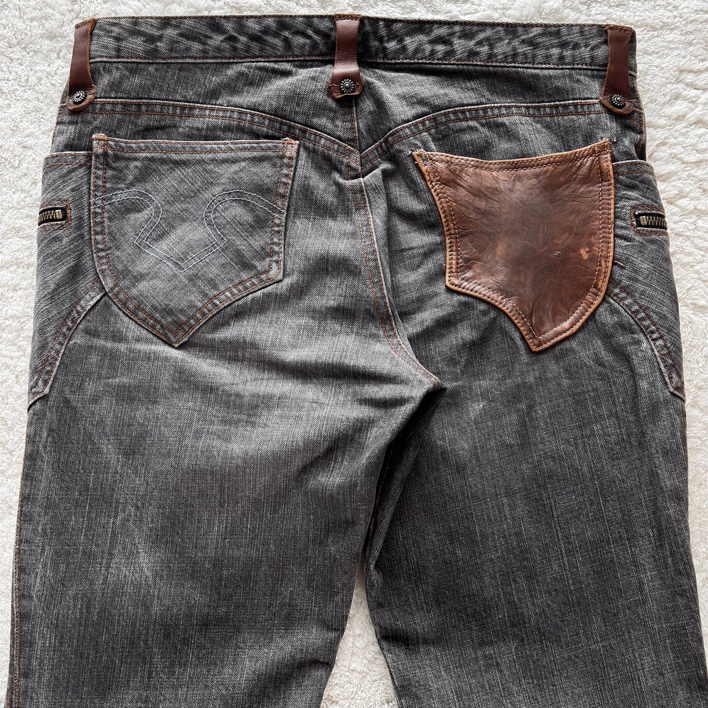 Obelisk Leather Pocket Flared Jeans