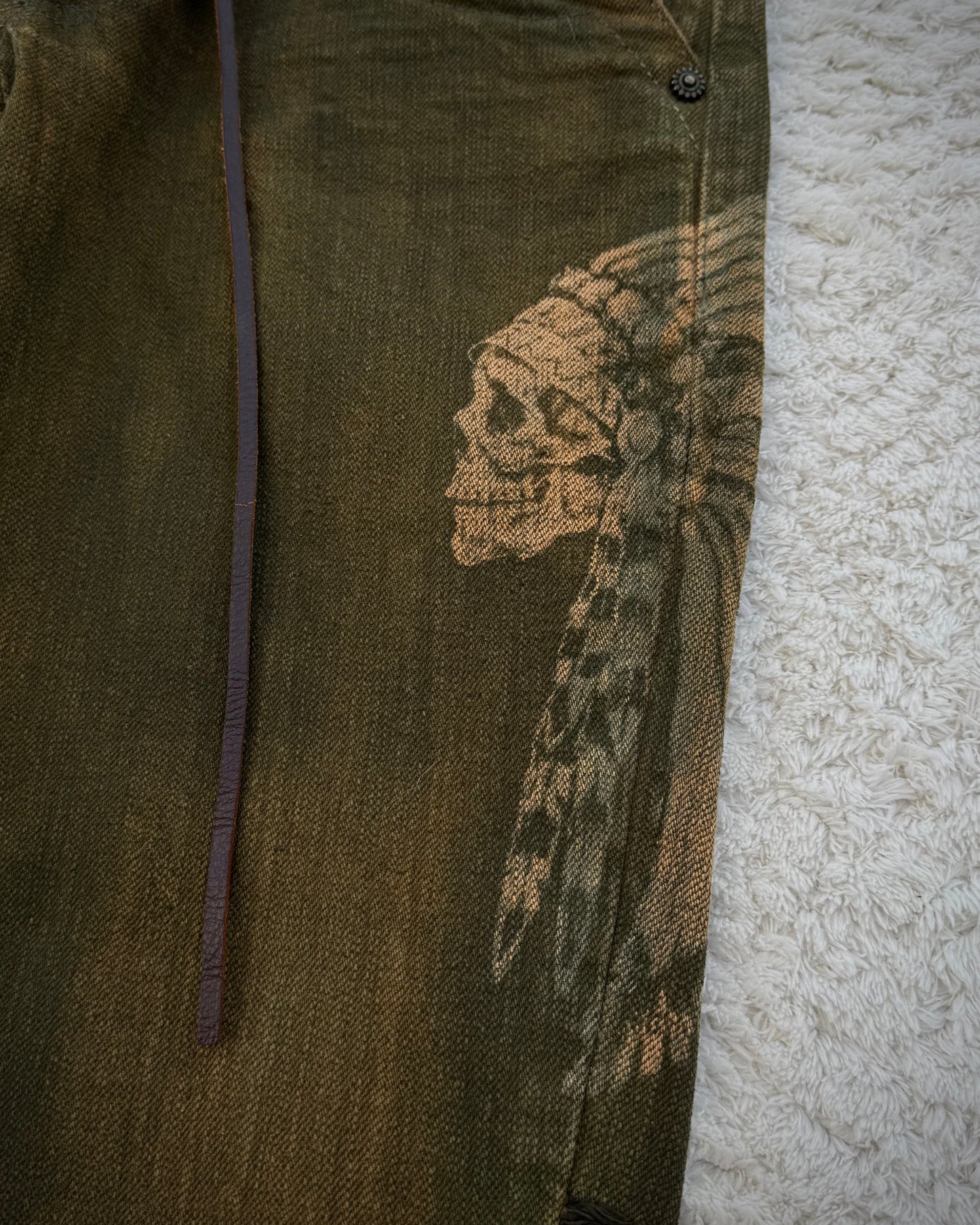 Obelisk Fringed Mud Washed Lace Up Flared Jeans
