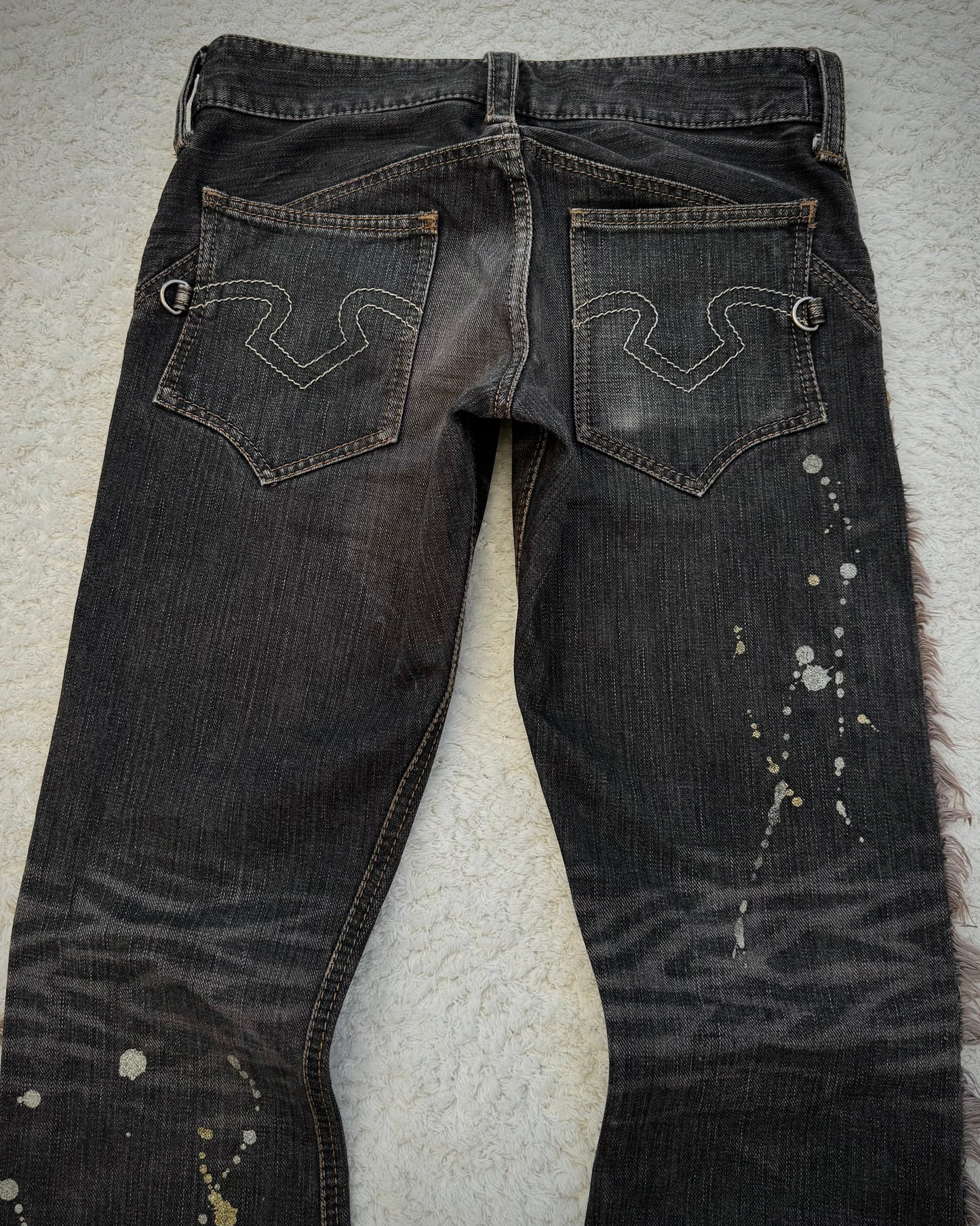 Obelisk Fringed Paint Splatter Flared Jeans