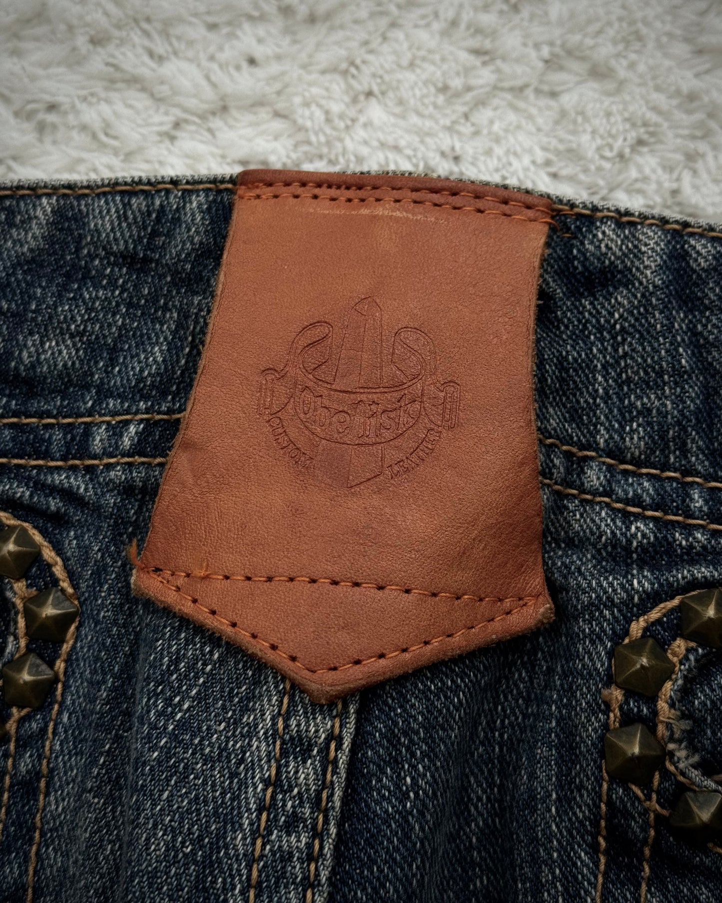 Obelisk Studded Distressed Design Flared Jeans