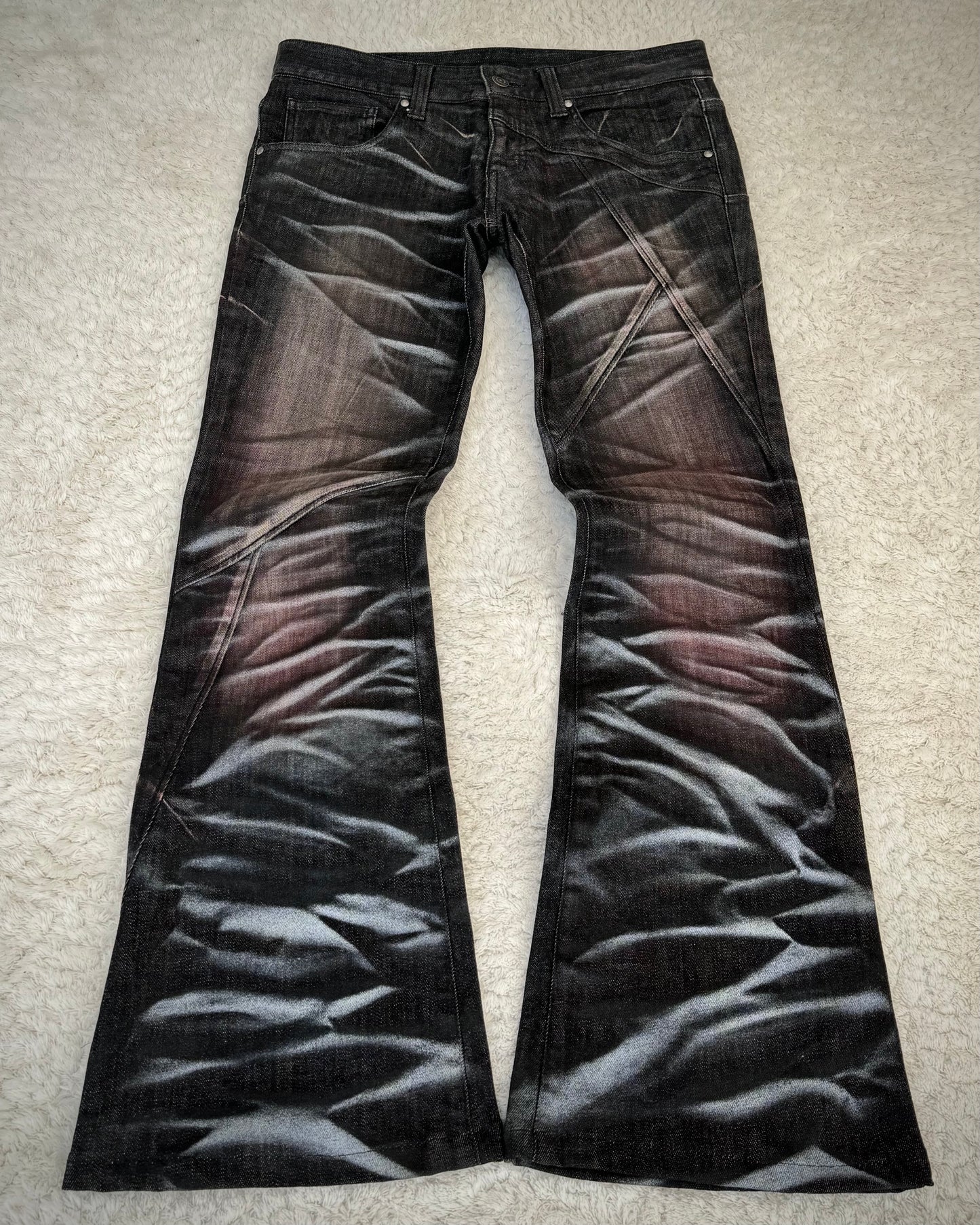 Tornado Mart Bordeaux Silver Whisker Washed Flared Jeans