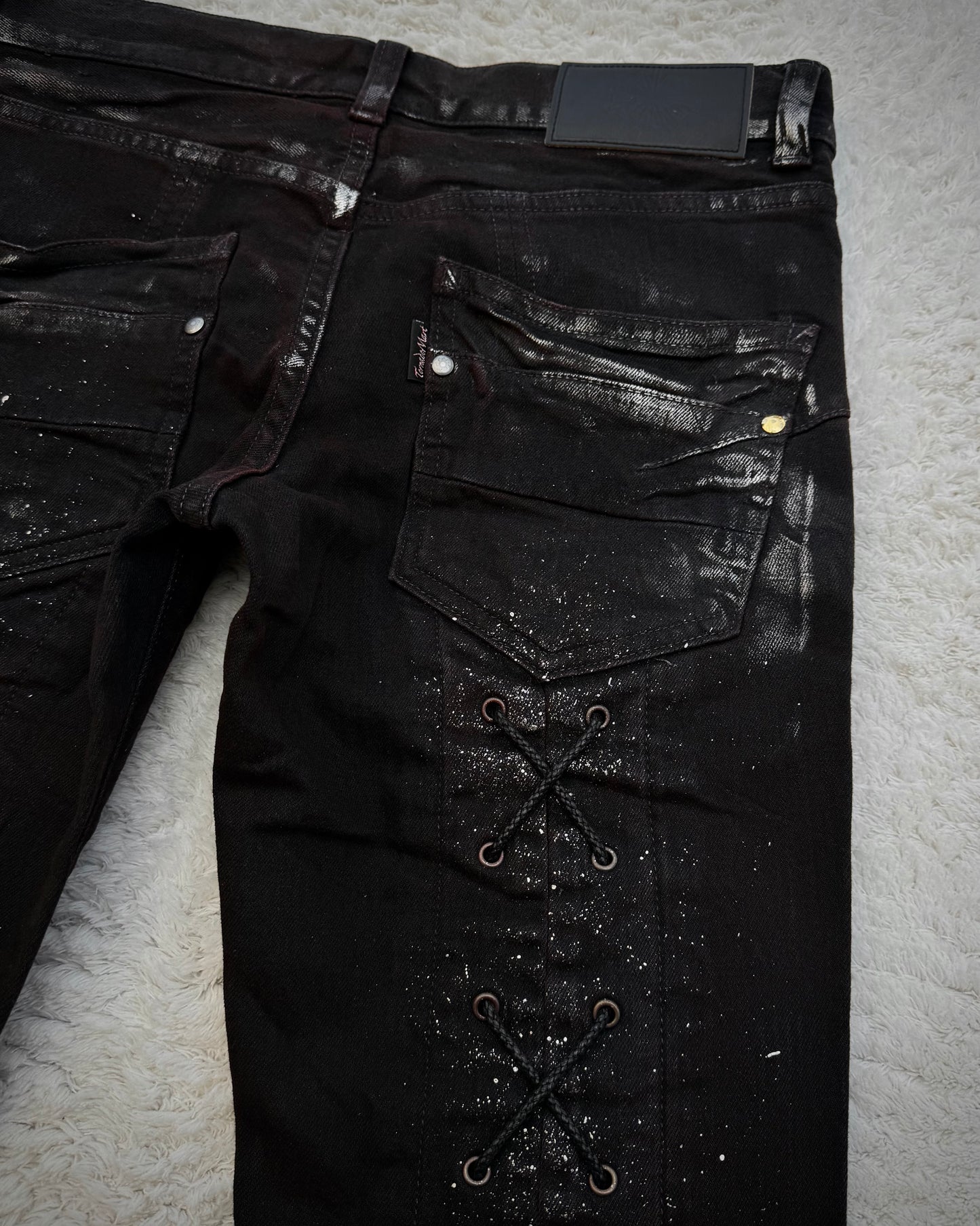Tornado Mart Silver Waxed Backlace Flared Jeans