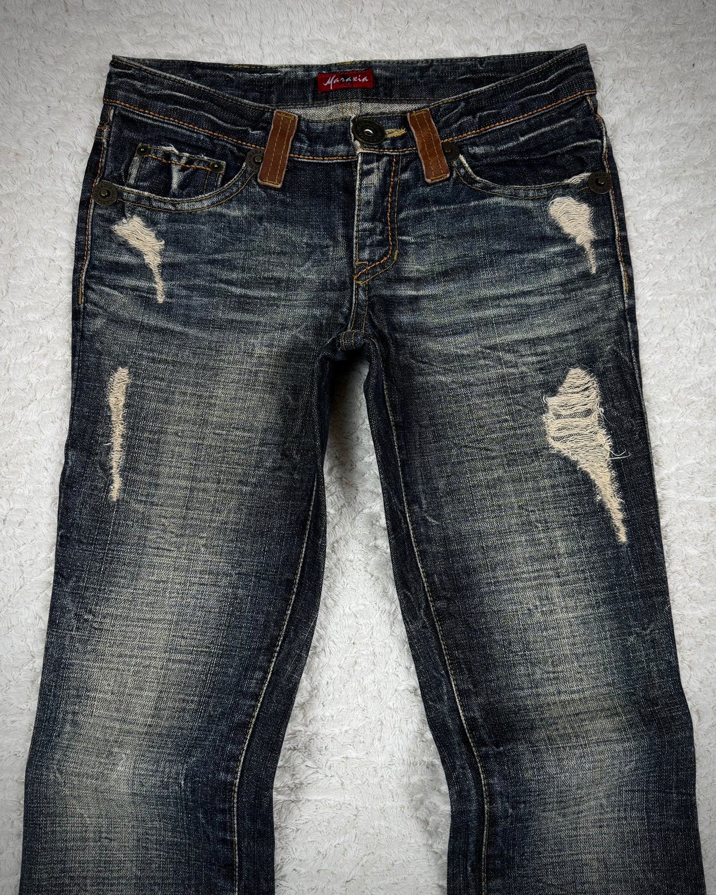 Maraxia Vintage Leather Flap Tassel Pocket Flared Jeans