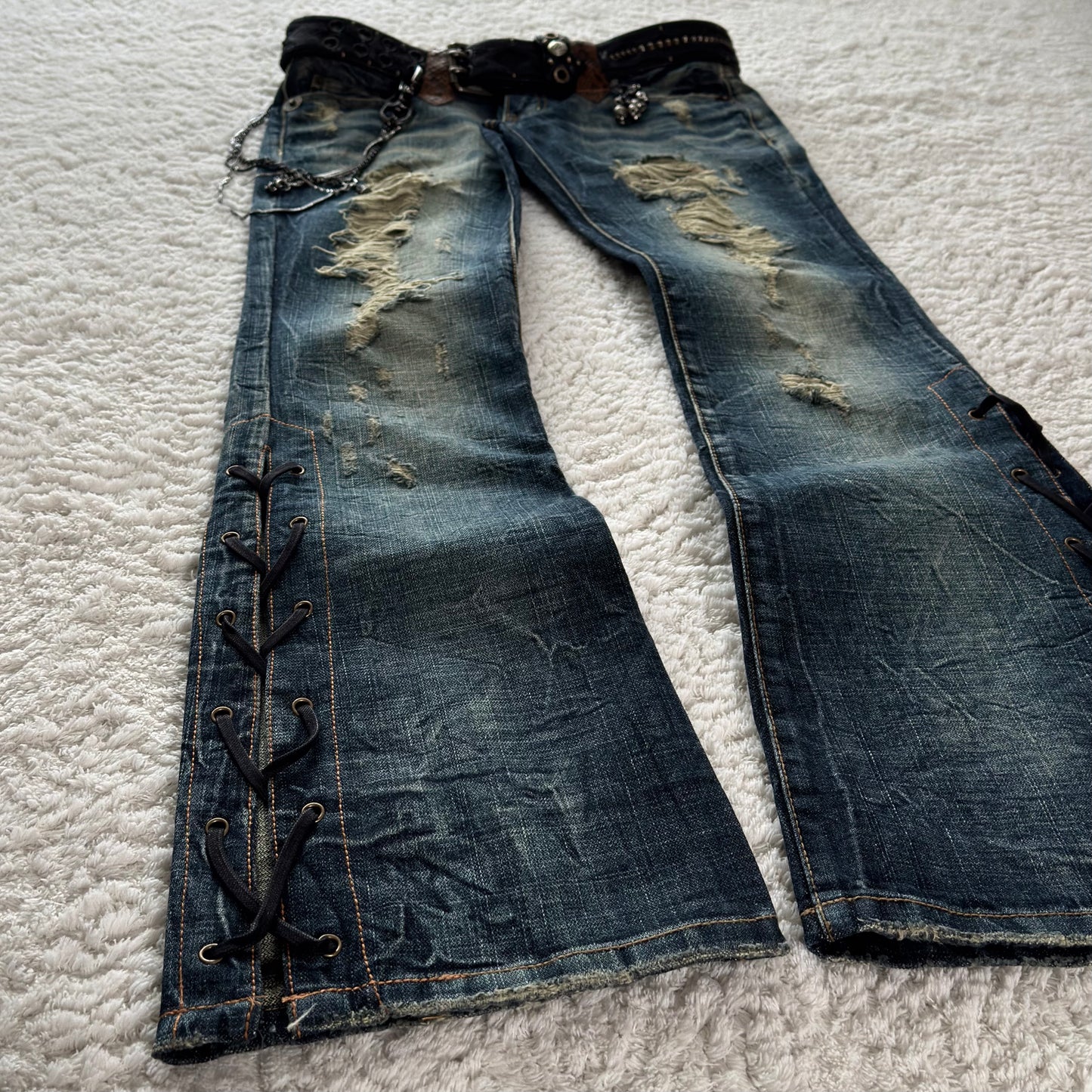 Select Jean Distressed Python Flared Lace-Up Jeans