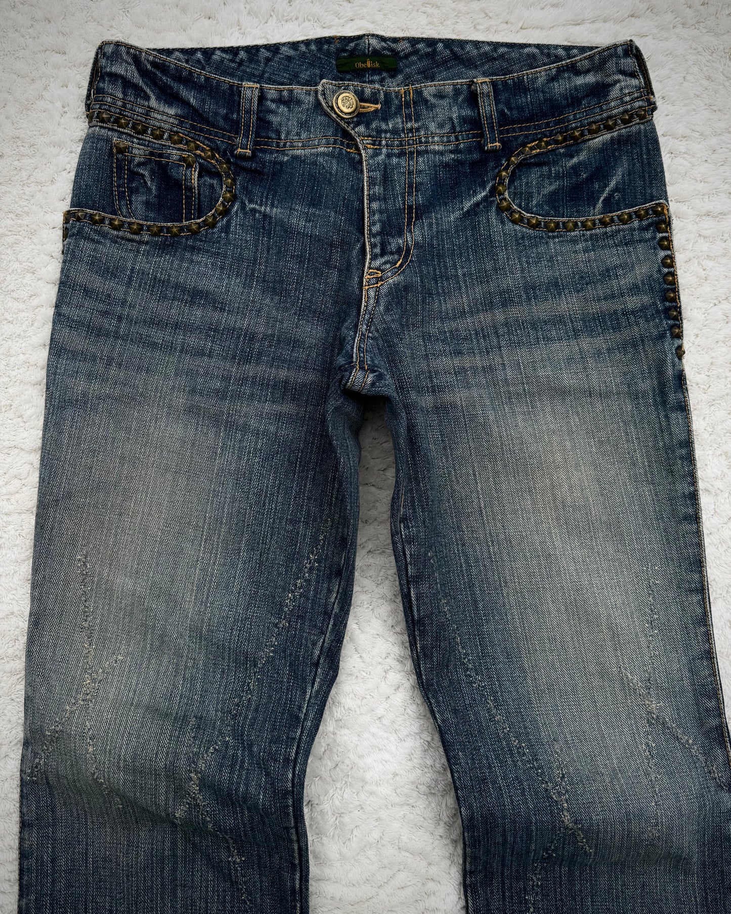Obelisk Studded Distressed Design Flared Jeans