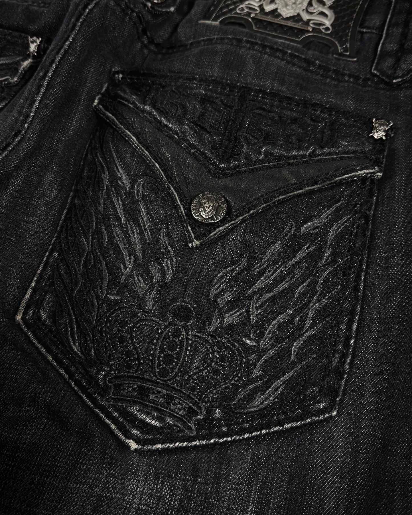 Rebel Spirit Crown Embroidered Flap Pockets Bootcut Denim