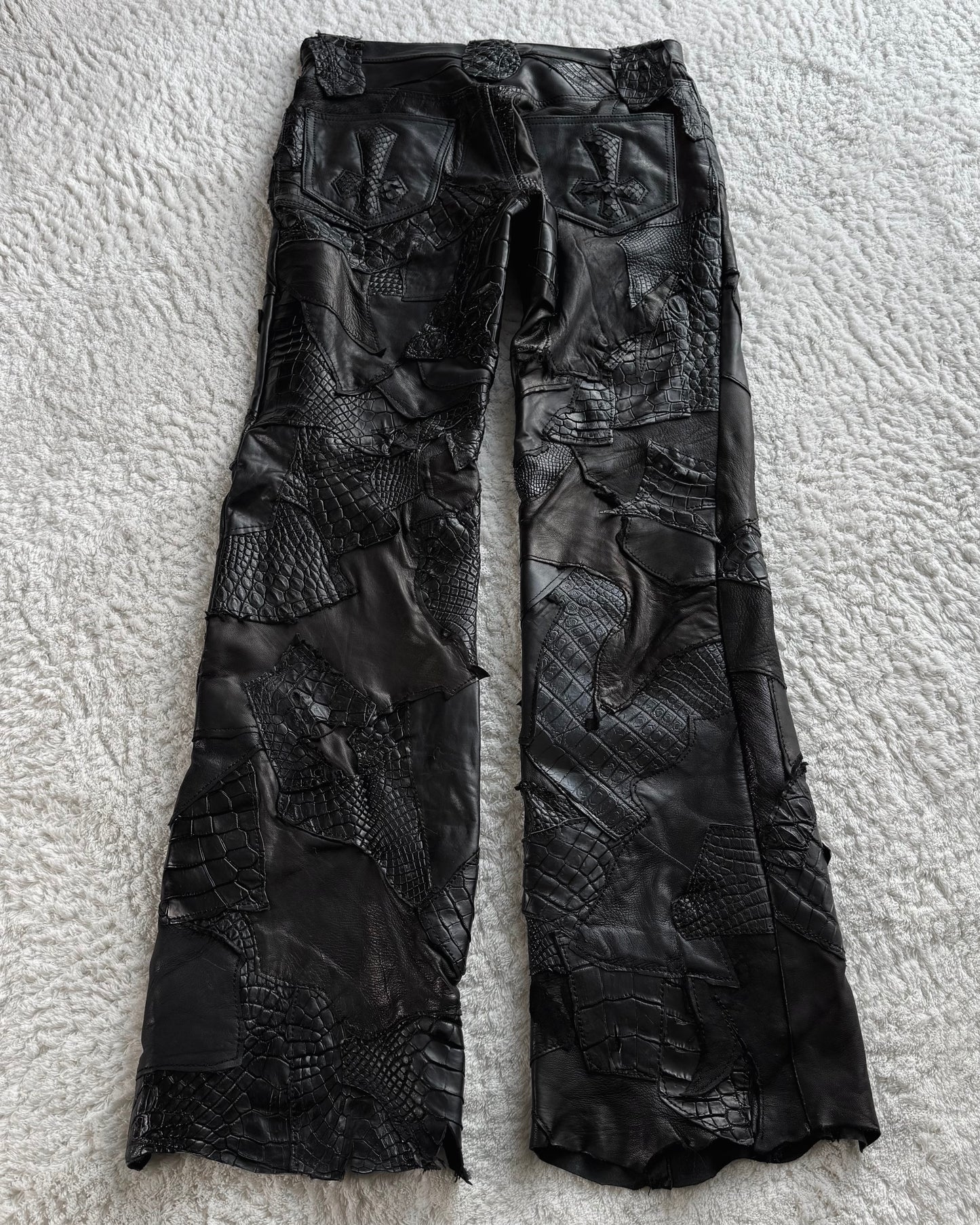 Yasuyuki Ishii Crocodile Patchwork Leather Bootcut Pants