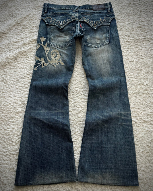 Tornado Mart Tribal Embroidery Spiral Flared Jeans