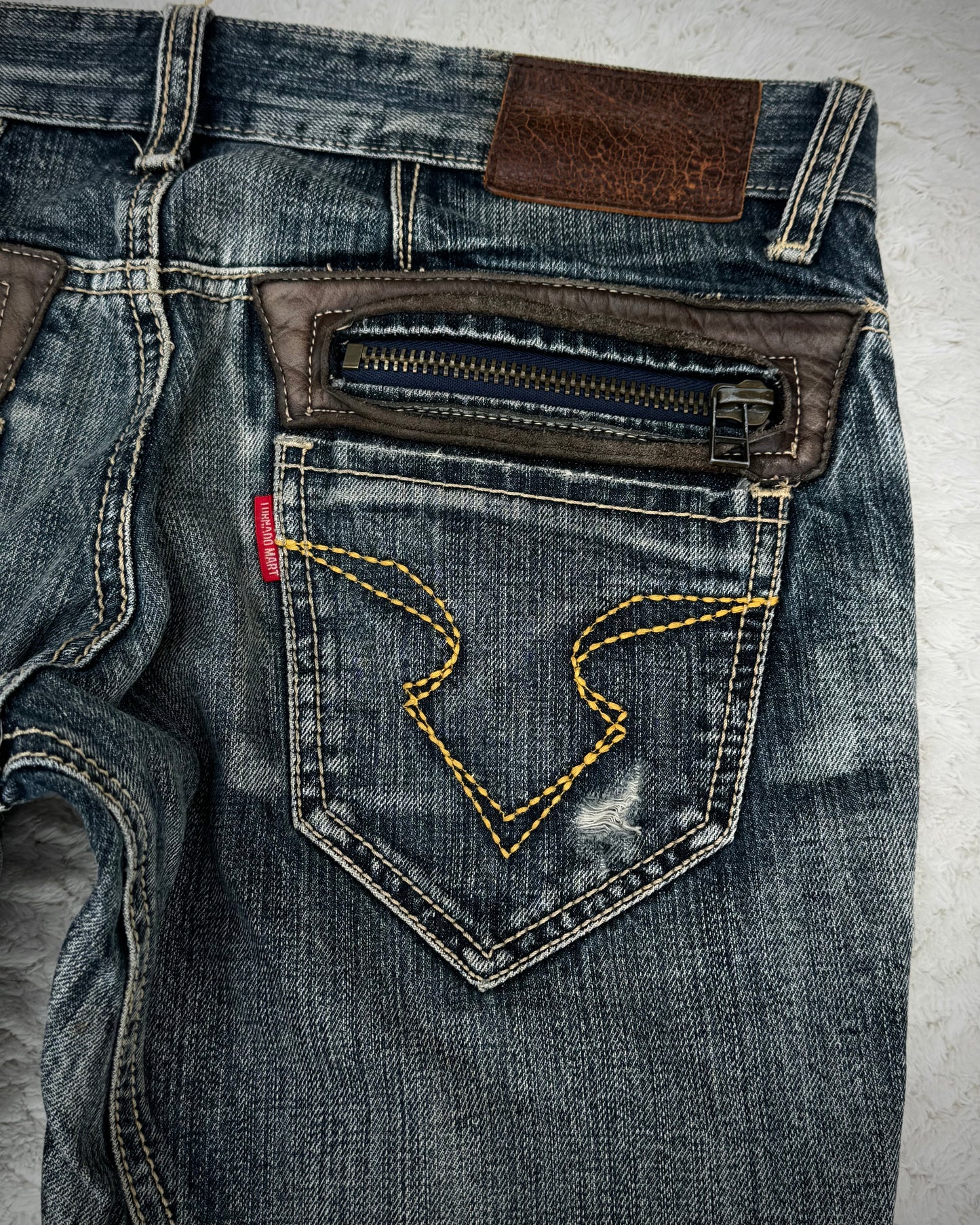 Tornado Mart Leather Detailed Paneled Construction Flared Jeans