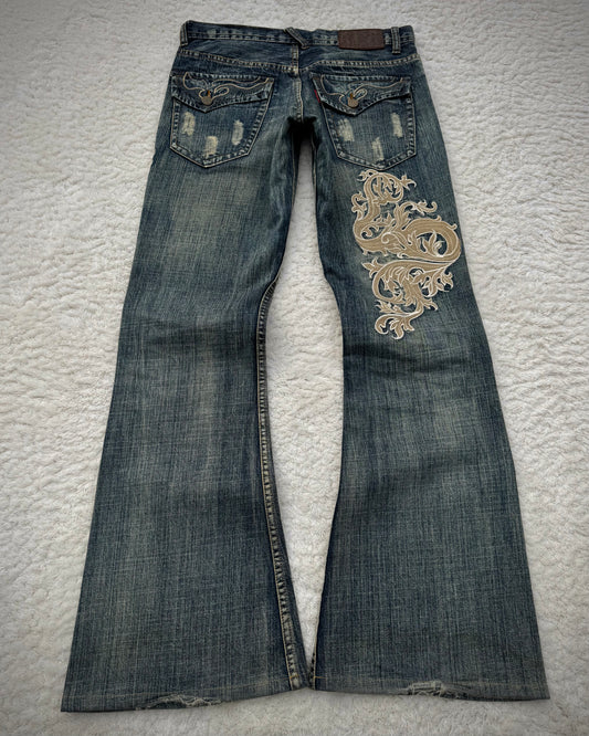 Tornado Mart Mud Wash Tribal Embroidery Flared Jeans