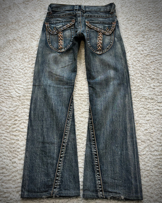 Semantic Design Python Detailed Lace Up Pocket Spiral Flared Jeans