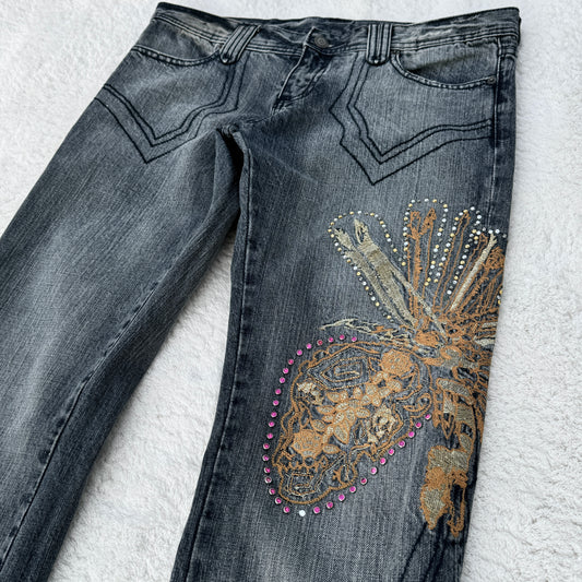 Tornado Mart Embroidered Flared Jeans w/ Swarovski Crystals