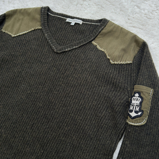Semantic Design Shoulder Padded Ribbed Knit Sweater