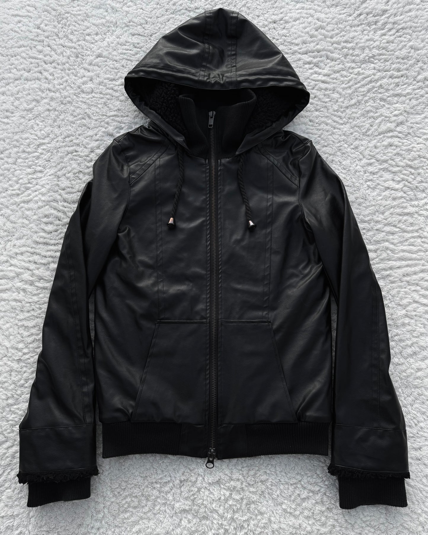 Glad News Hooded High Neck Leather Jacket