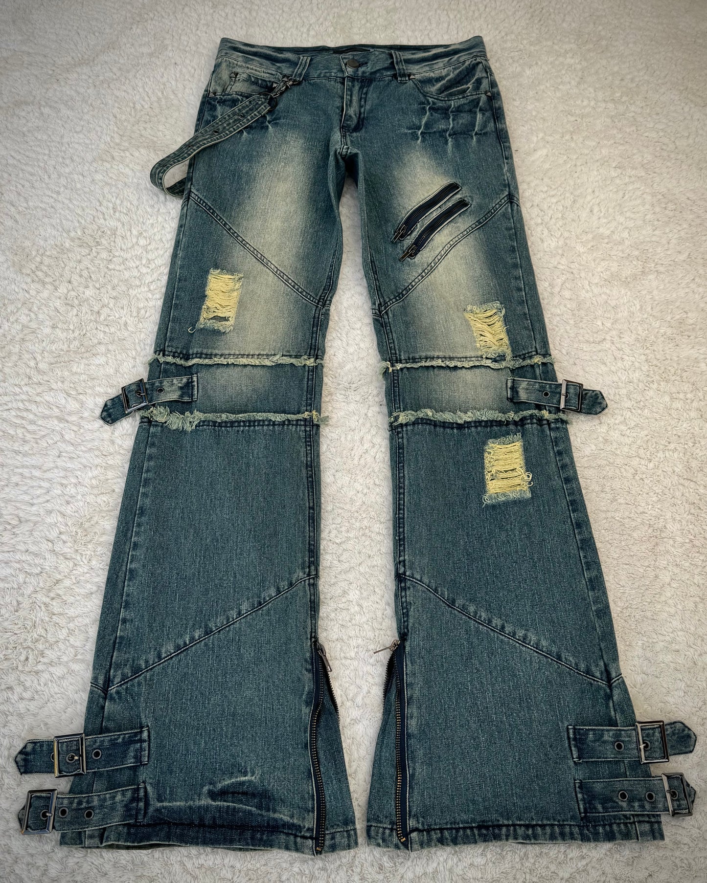 Black Baccara Mud Washed Belted Straps Flared Jeans