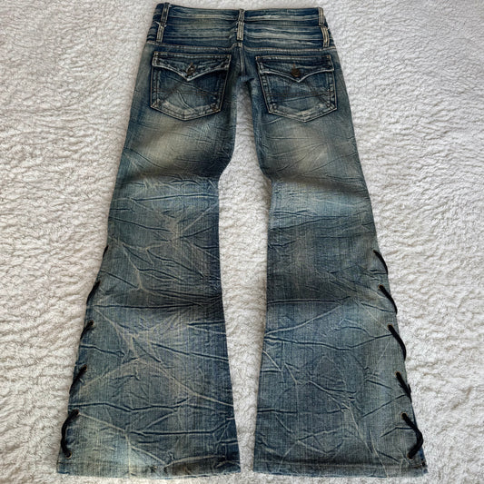 Agate Double Waisted Honeycomb Wash Flared Lace Up Jeans